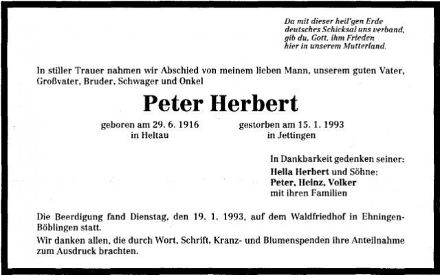 Herbert Peter 1916-1993 Todesanzeige